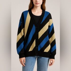 WEEDS Vintage Striped Cardigan XL Black Blue Tan Knit Button Up Sweater Unisex